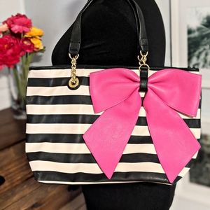 Ivory and Black Betsey Johnson Tote with Pink Bow